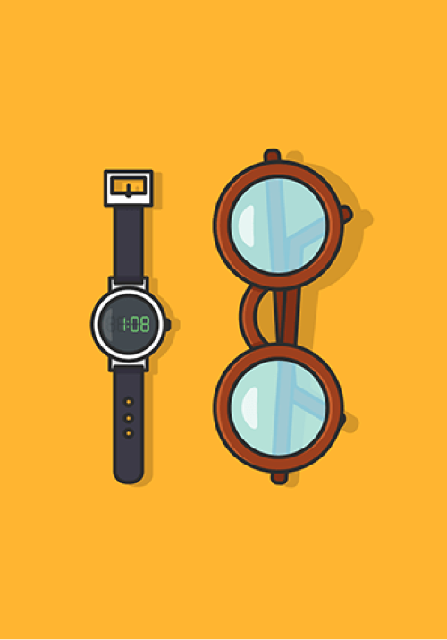 On a yellow background, a digital watch and a glass.